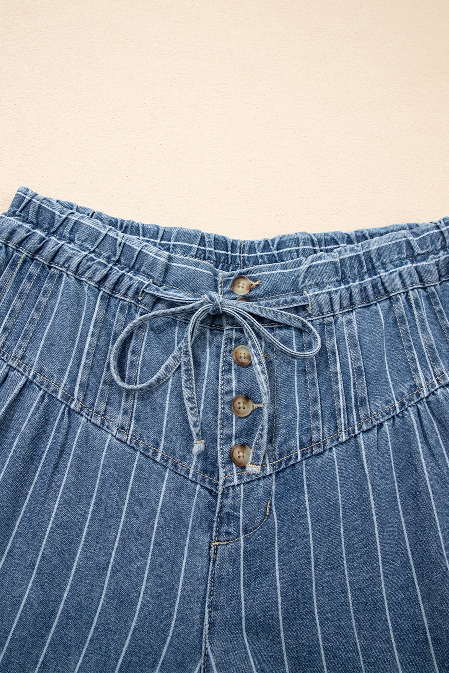 Sky Blue Stripe Button Pleated Drawstring Waist Wide Leg Jeans