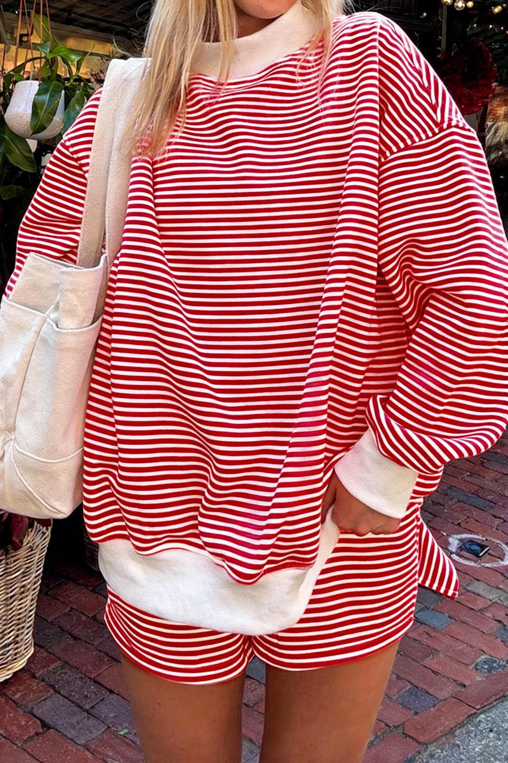 Stripe Oversize Mock Neck Sweatshirt and Shorts Set