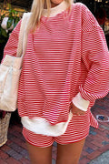 Stripe Oversize Mock Neck Sweatshirt and Shorts Set
