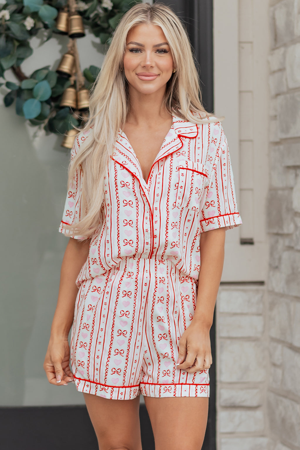 Red Bow Heart Print Ribbon Decor Short 2pcs Pajama Set