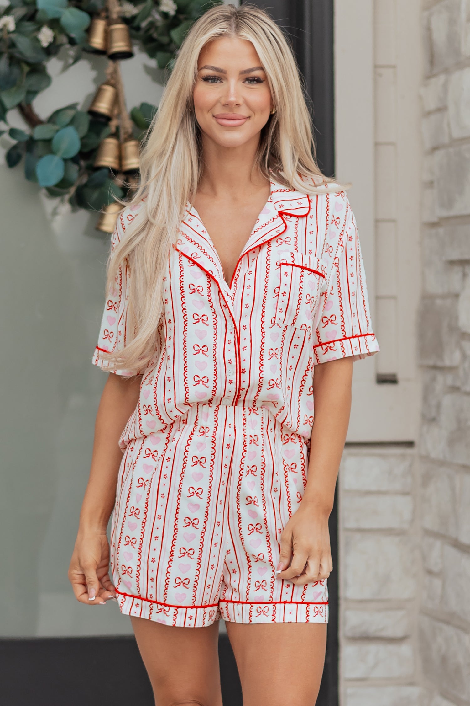 Red Bow Heart Print Ribbon Decor Short 2pcs Pajama Set