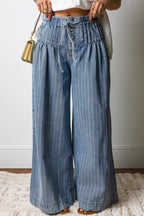 Sky Blue Stripe Button Pleated Drawstring Waist Wide Leg Jeans
