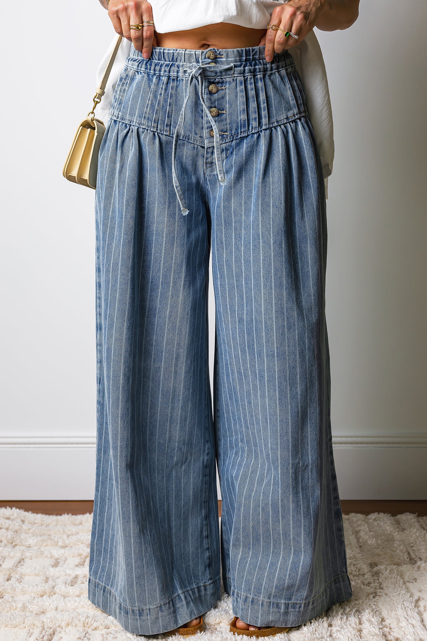 Sky Blue Stripe Button Pleated Drawstring Waist Wide Leg Jeans