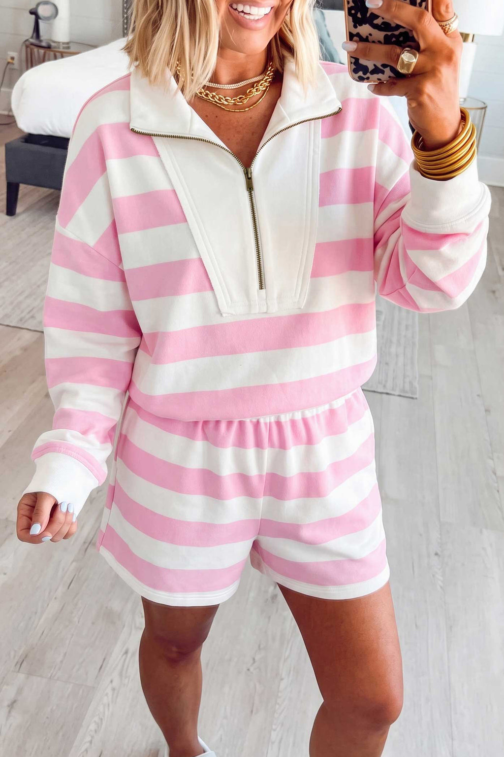 Pink Stripe Patchwork Zipper Pullover Elastic Waist Shorts 2pcs Set