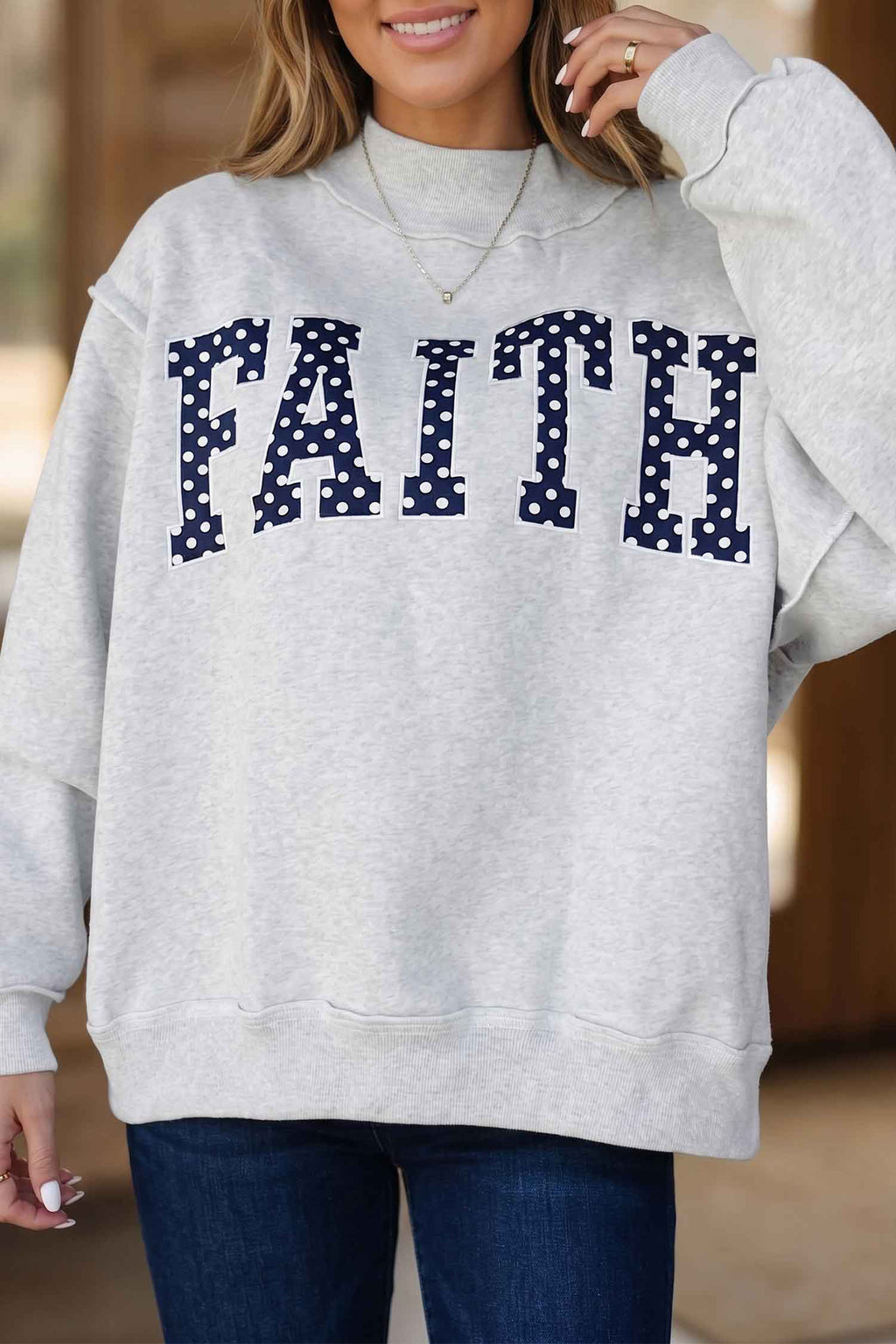 Light Grey High Neck Polka Dot Sweatshirt