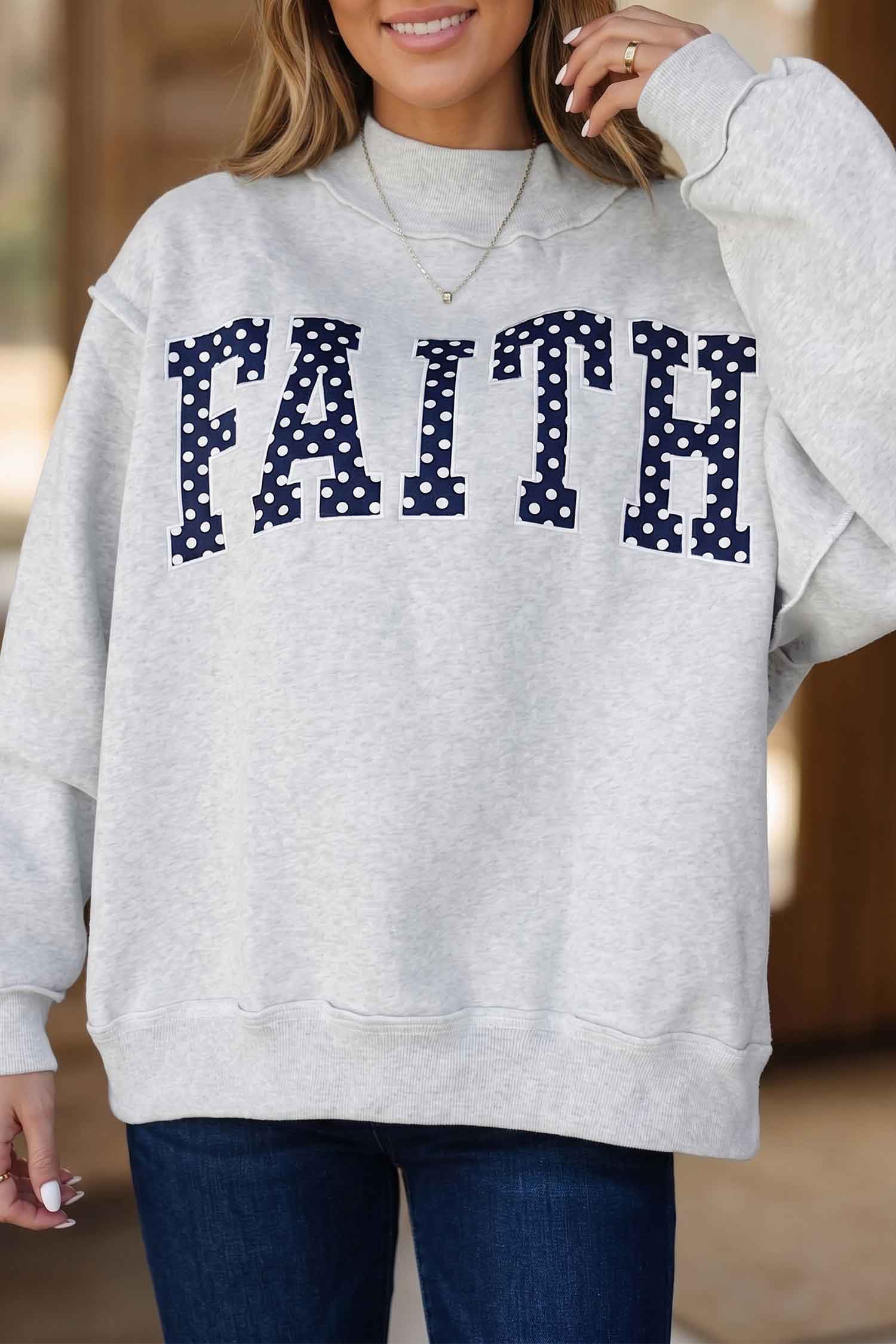 Light Grey High Neck Polka Dot Sweatshirt