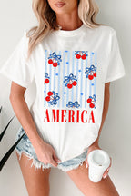 White Bow Cherry AMERICA Graphic Patriotic T Shirt