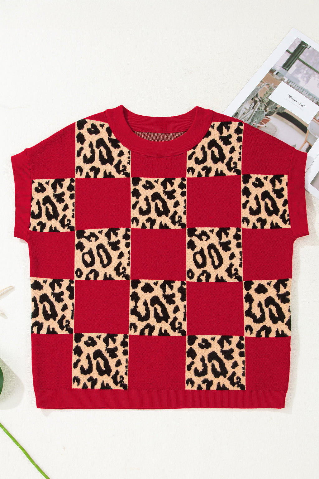 Leopard Checkerboard Short Sleeve Knit Sweater
