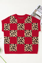 Leopard Checkerboard Short Sleeve Knit Sweater