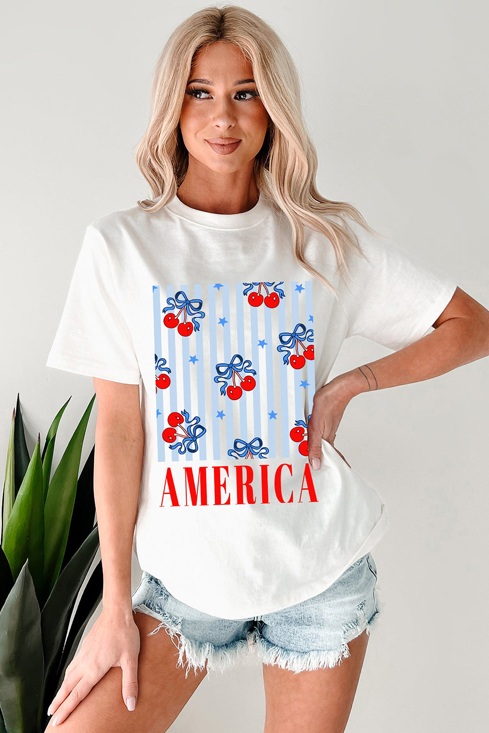 White Bow Cherry AMERICA Graphic Patriotic T Shirt