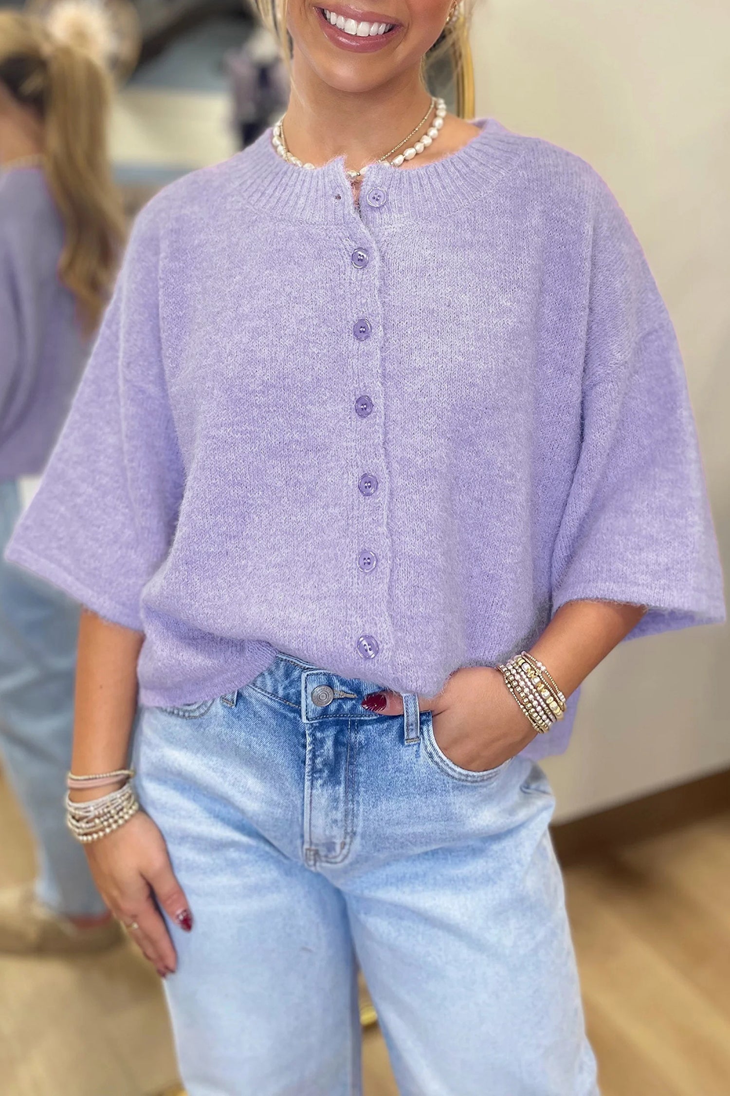 3/4 Sleeve Boxy Knit Button Down Sweater Cardigan