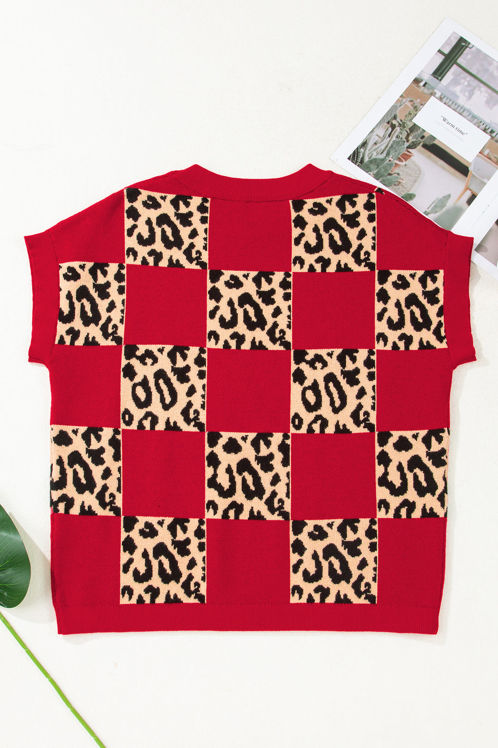 Leopard Checkerboard Short Sleeve Knit Sweater