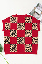 Leopard Checkerboard Short Sleeve Knit Sweater