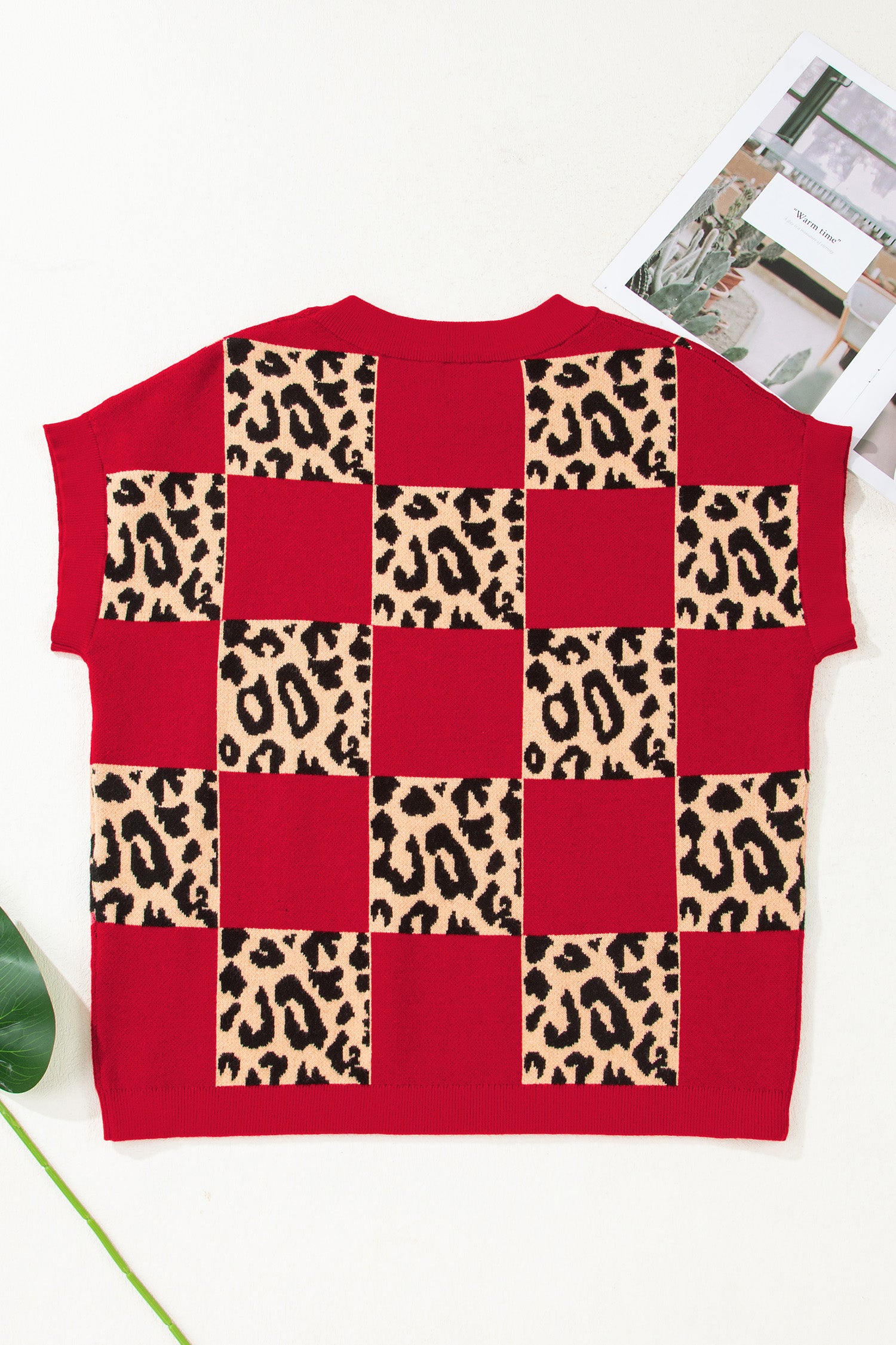 Leopard Checkerboard Short Sleeve Knit Sweater