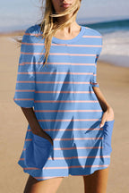 Sky Blue Stripe V Neck Short Sleeve Double Wear Loose Romper