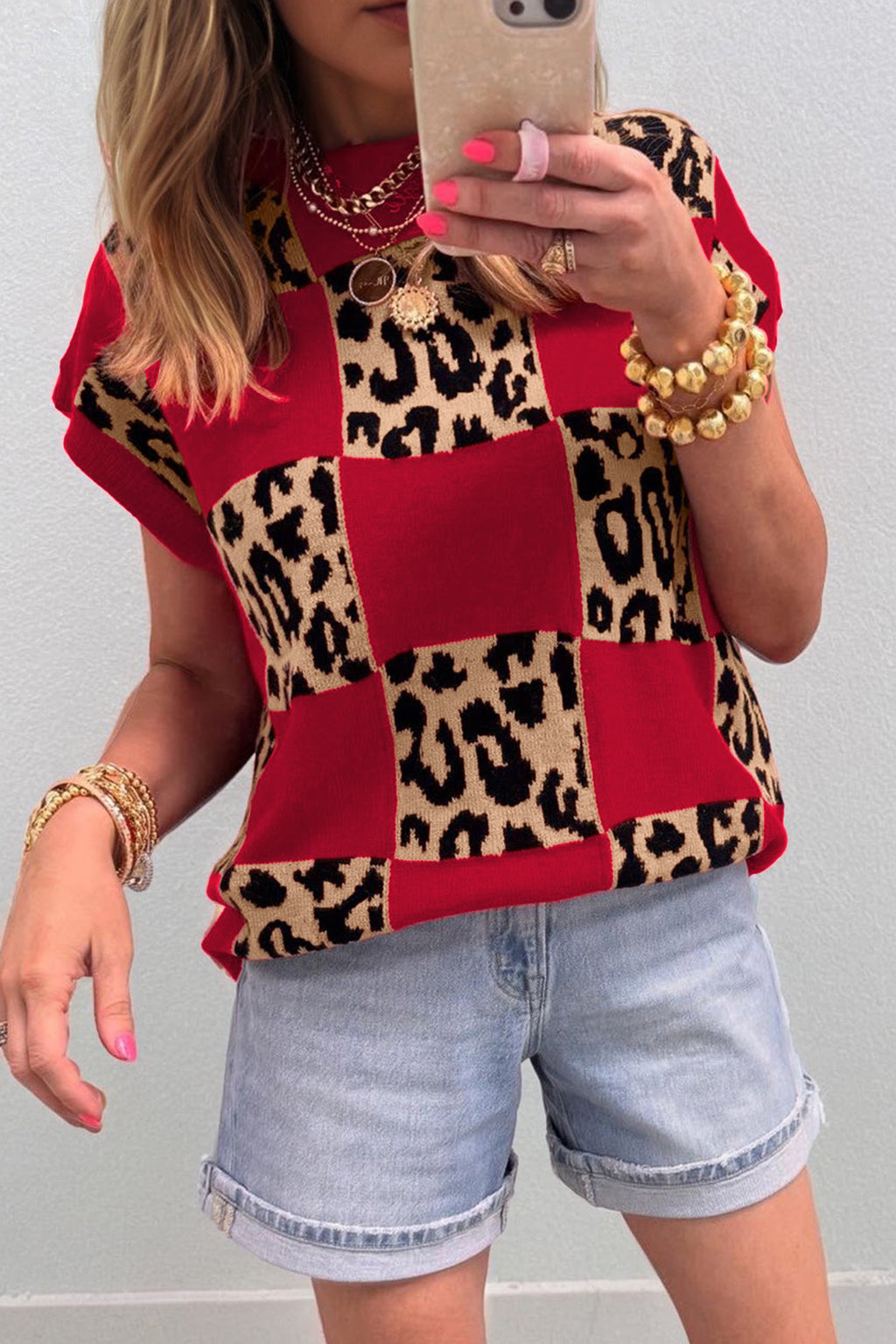 Leopard Checkerboard Short Sleeve Knit Sweater