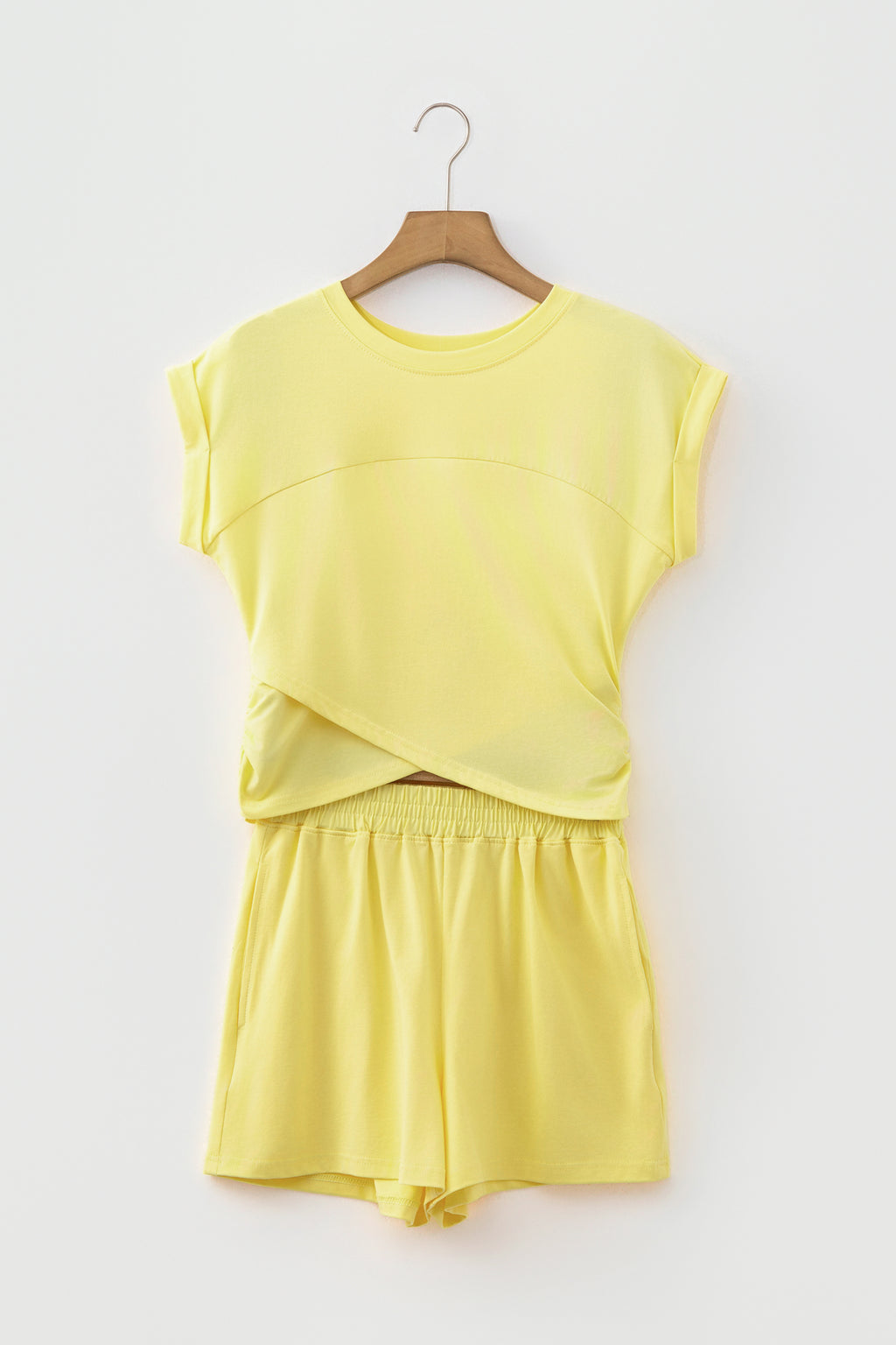 Solid Short Sleeve Elastic Waist Pocket Casual Two Piece Short Set