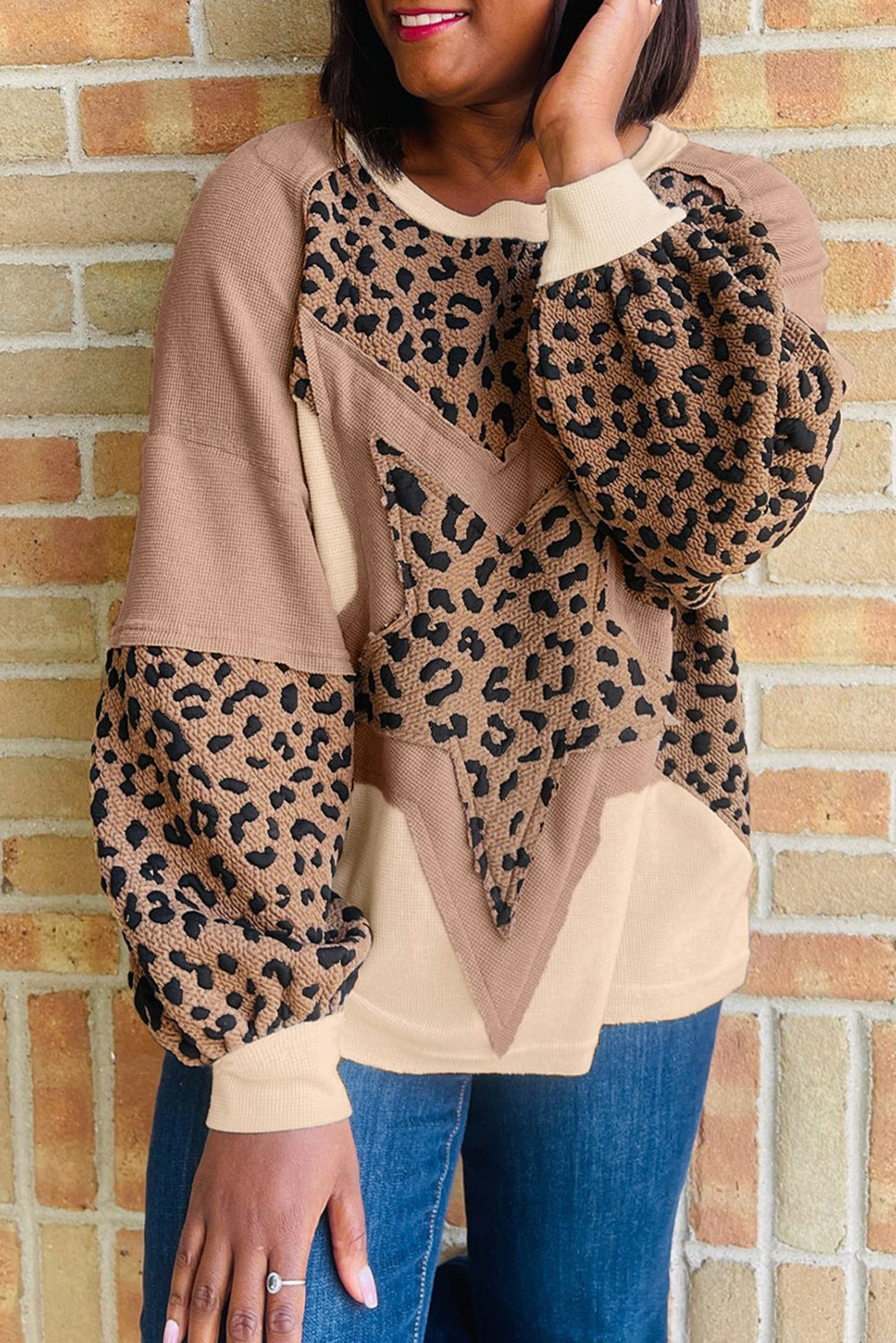 Light French Beige Leopard Patchwork Sweatshirt