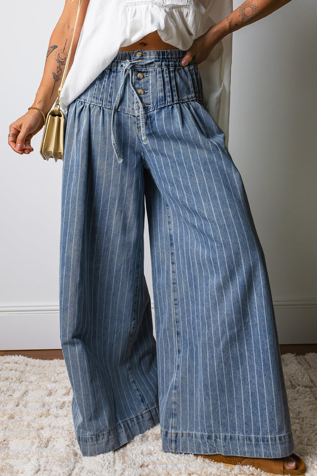 Sky Blue Stripe Button Pleated Drawstring Waist Wide Leg Jeans