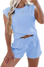 Solid Short Sleeve Elastic Waist Pocket Casual Two Piece Short Set