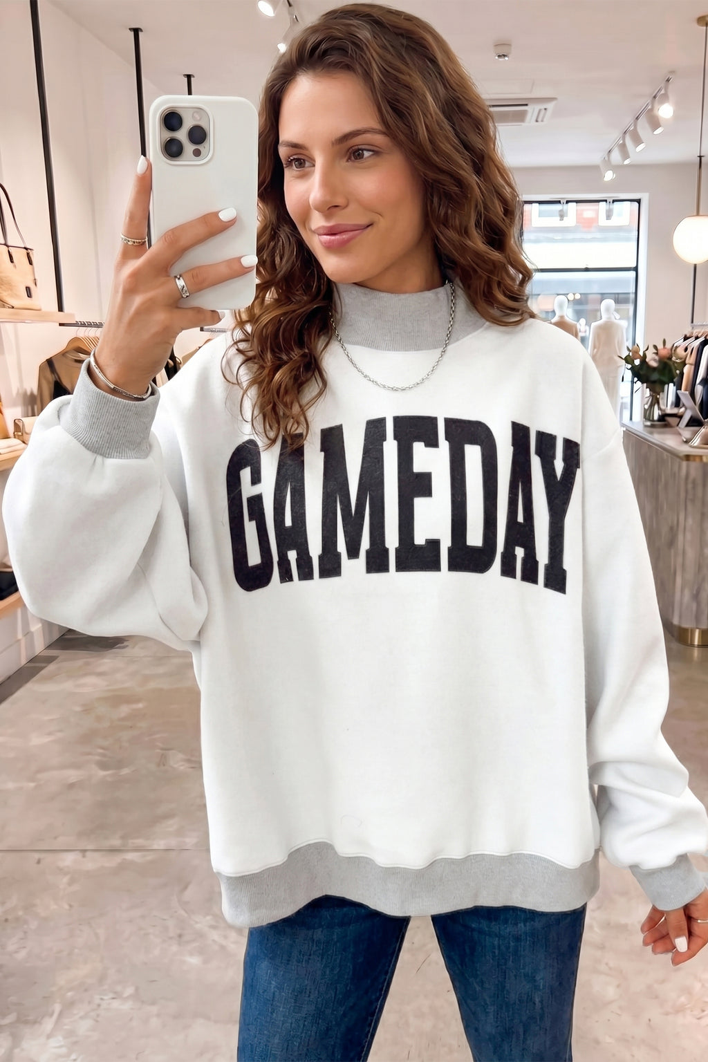 Light Grey Mock Neck GAMEDAY/ FOOTBALL Double Side Reversible Sweatshirt