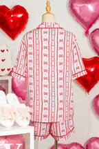 Red Bow Heart Print Ribbon Decor Short 2pcs Pajama Set