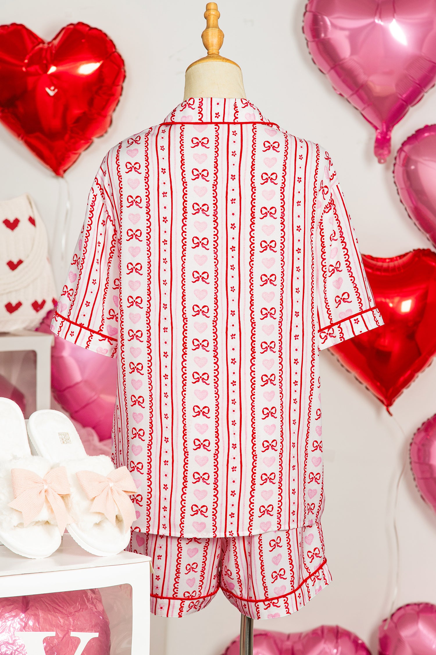 Red Bow Heart Print Ribbon Decor Short 2pcs Pajama Set