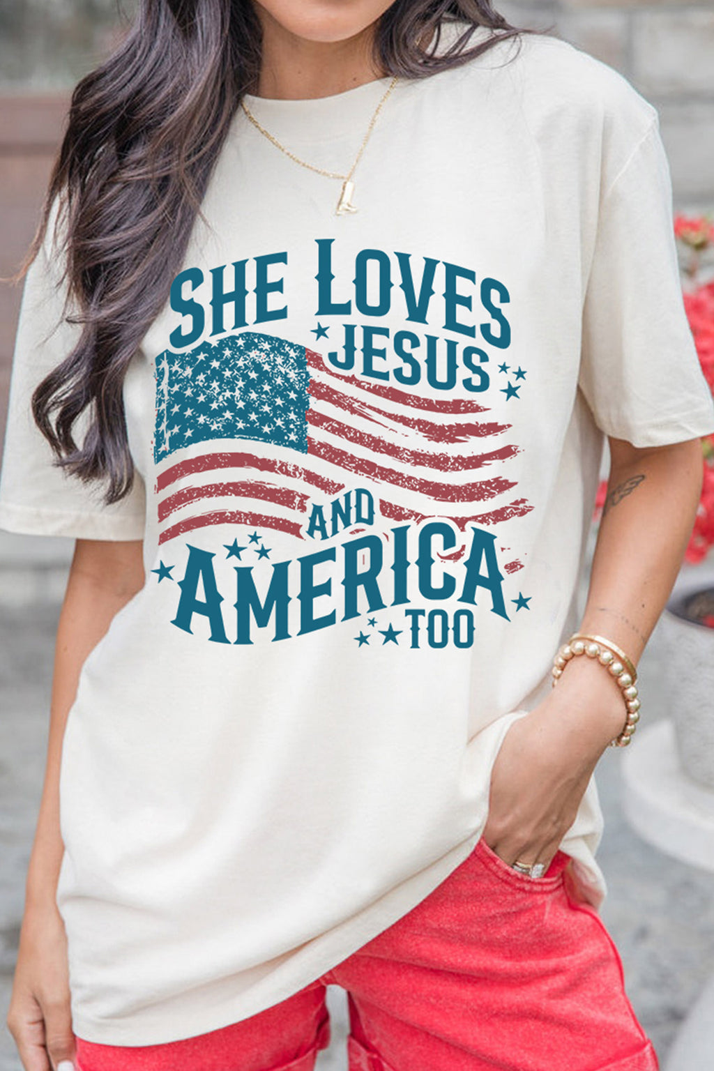 She Loves Jesus and America Flag Graphic Tee