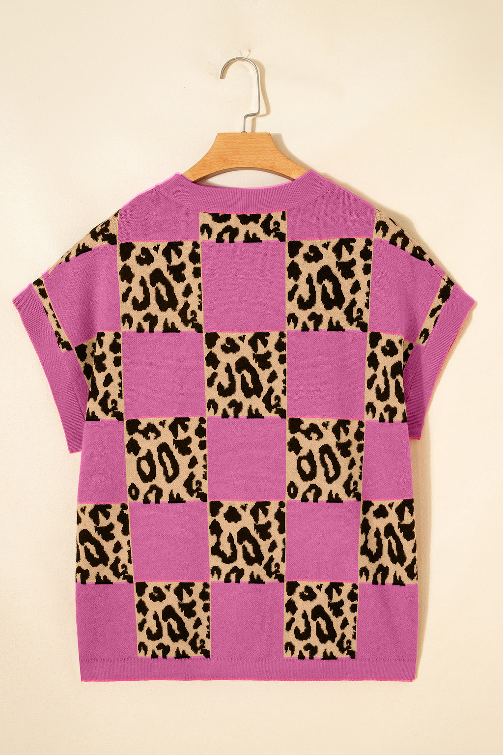 Leopard Checkerboard Short Sleeve Knit Sweater