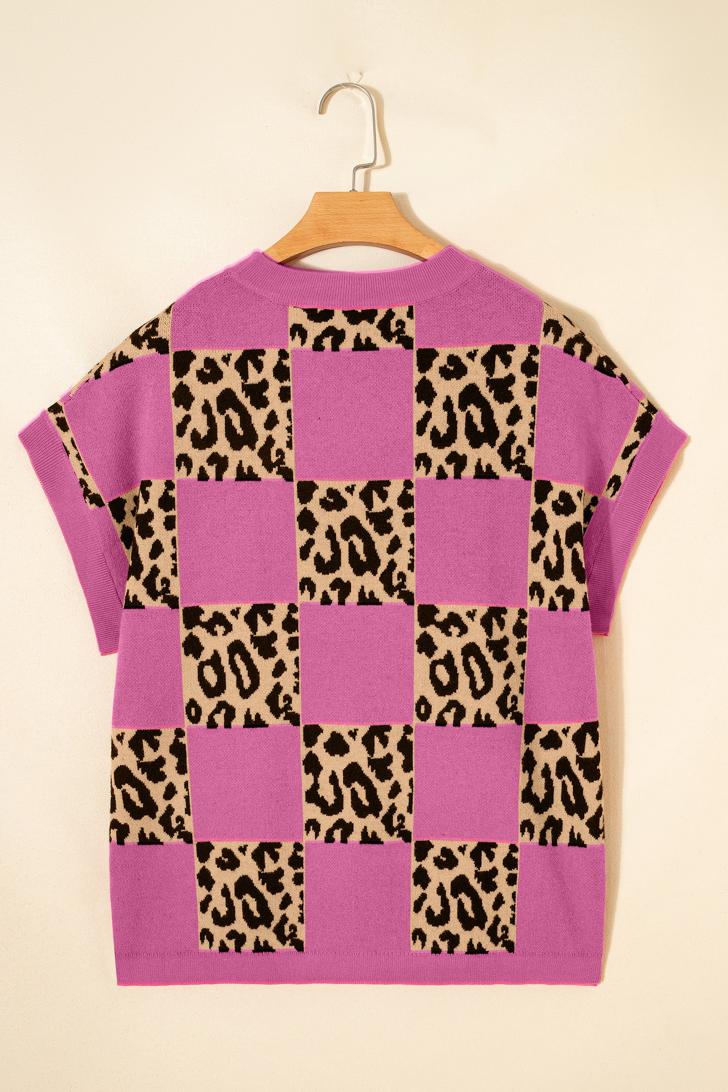Leopard Checkerboard Short Sleeve Knit Sweater