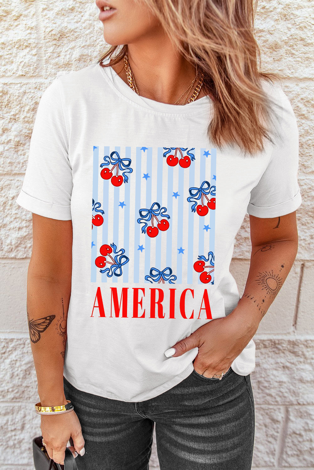 White Bow Cherry AMERICA Graphic Patriotic T Shirt