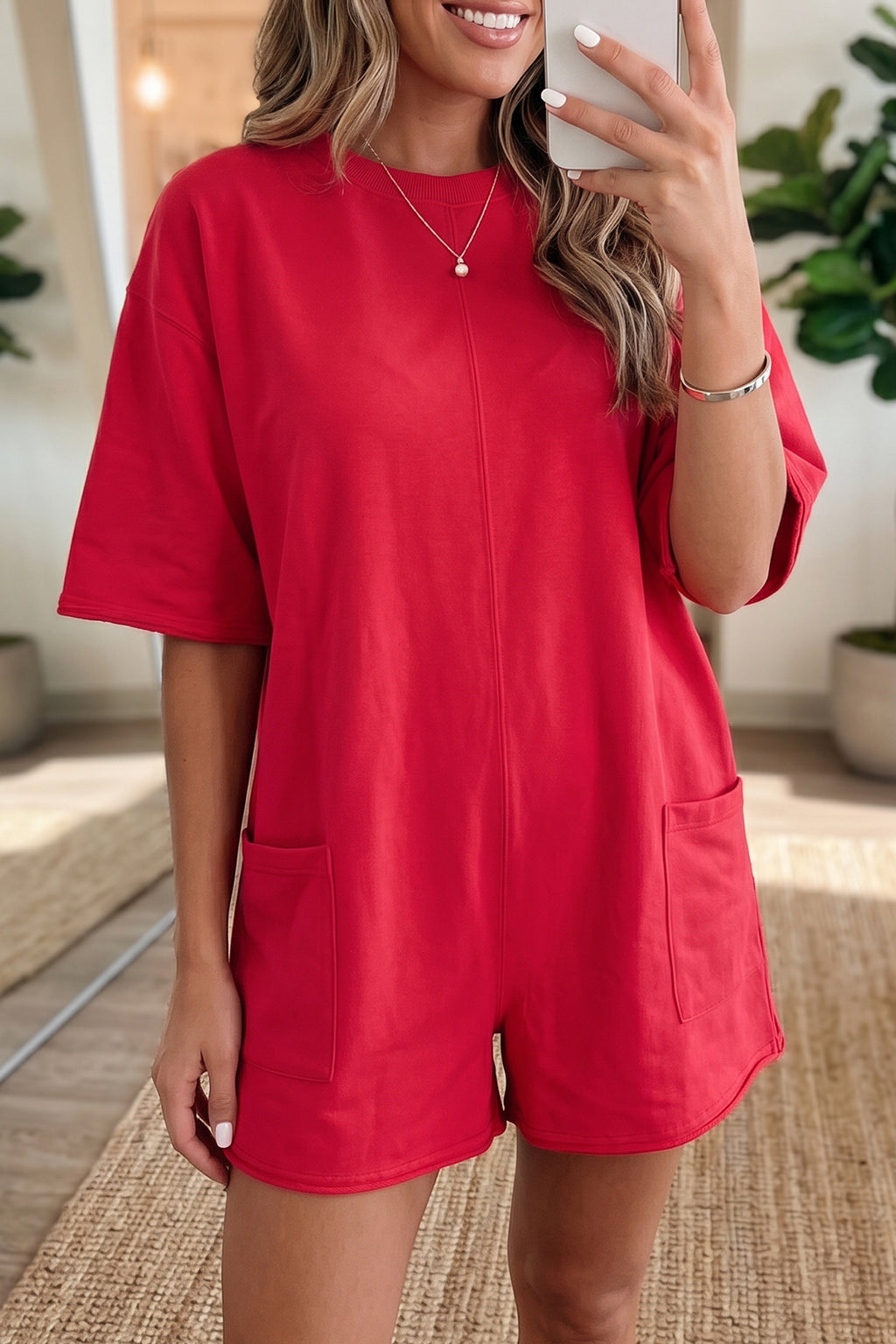 Pink Solid Color Raw Edge Half Sleeve Pocketed Loose Romper