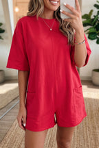 Pink Solid Color Raw Edge Half Sleeve Pocketed Loose Romper
