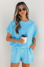 Solid Color Puffy Loose Top Drawstring Shorts 2pc Outfit