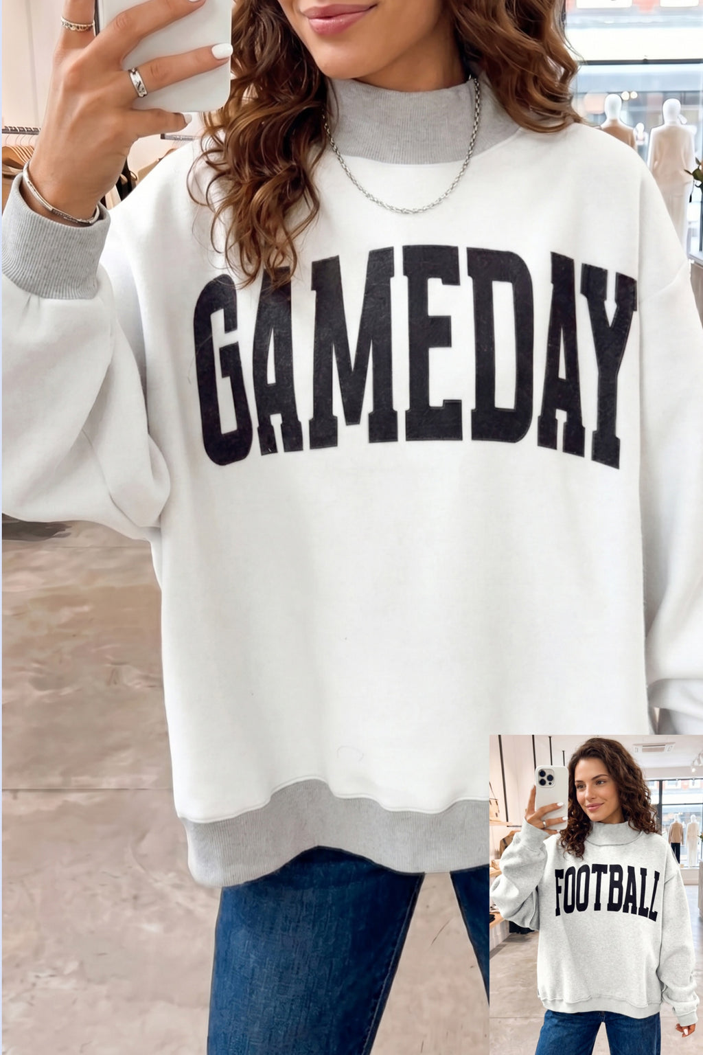 Light Grey Mock Neck GAMEDAY/ FOOTBALL Double Side Reversible Sweatshirt