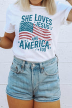 She Loves Jesus and America Flag Graphic Tee