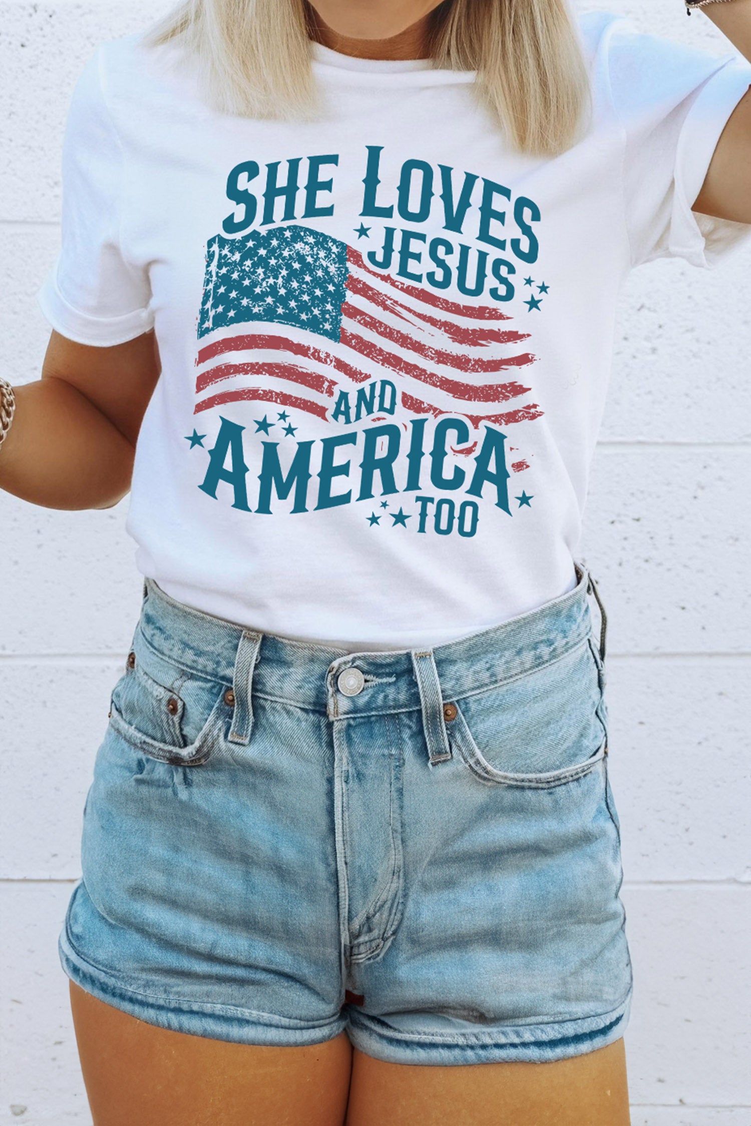 She Loves Jesus and America Flag Graphic Tee