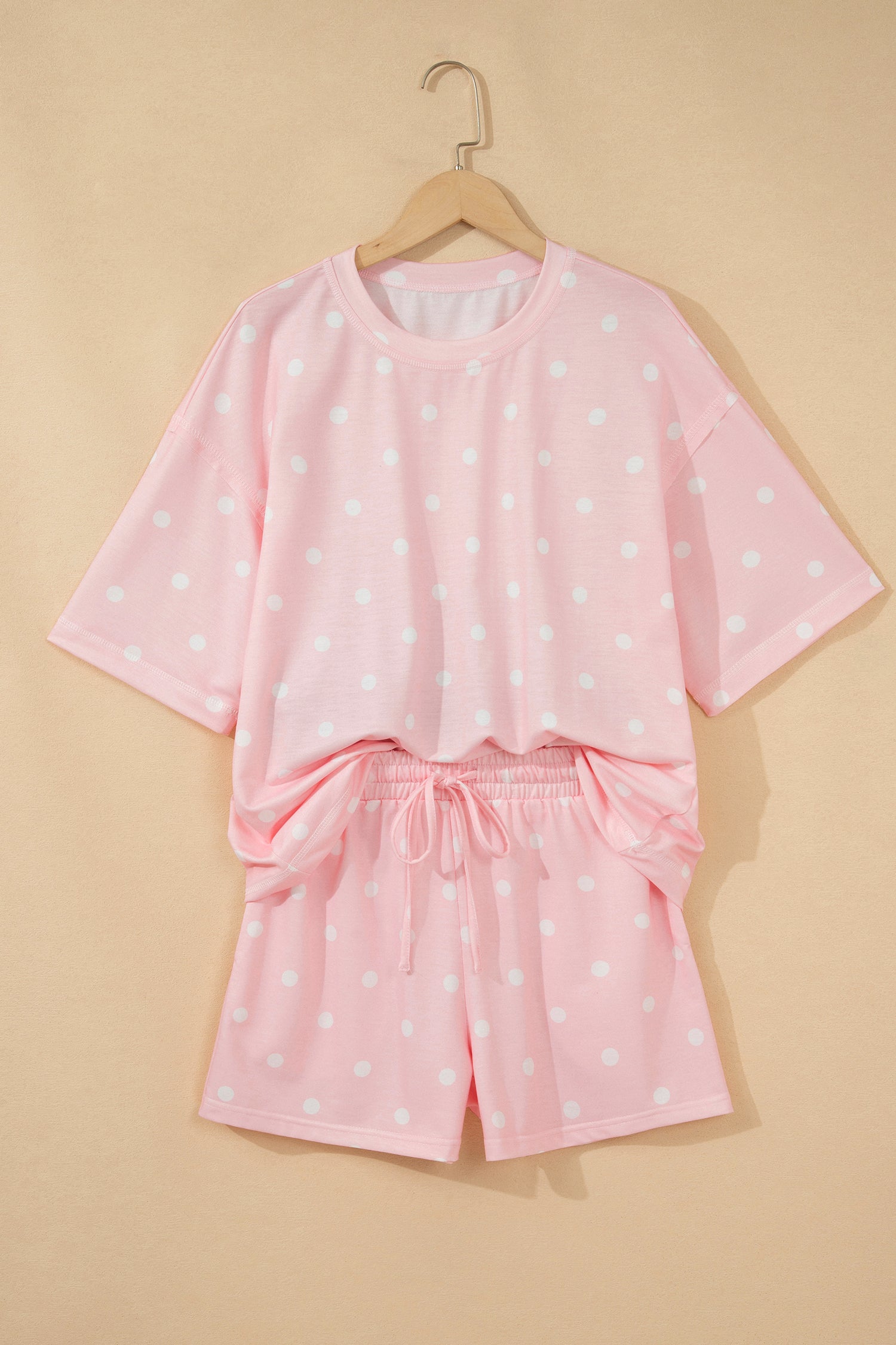 Polka Dot Short Sleeve Loose Top Drawstring Shorts Set