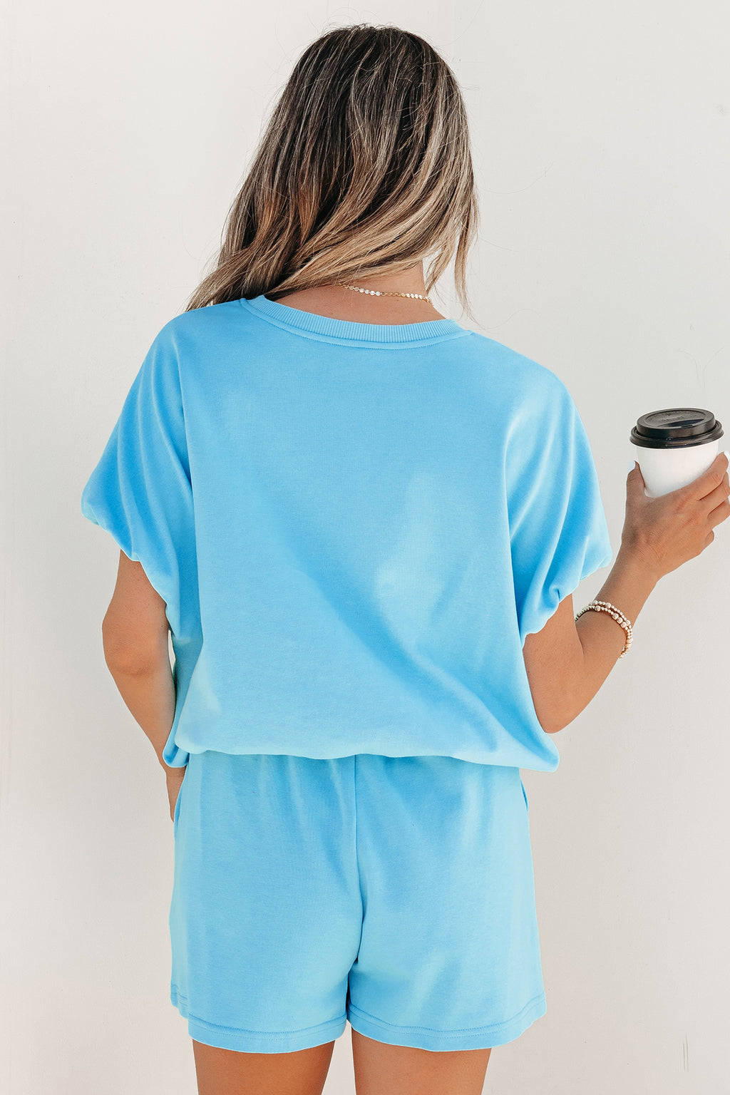Solid Color Puffy Loose Top Drawstring Shorts 2pc Outfit