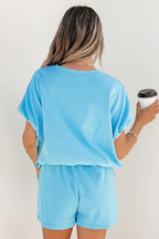Solid Color Puffy Loose Top Drawstring Shorts 2pc Outfit