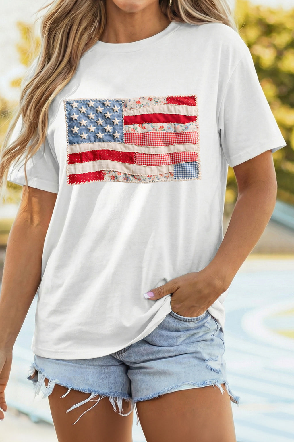 Faux Patchwork US Flag Casual Tee