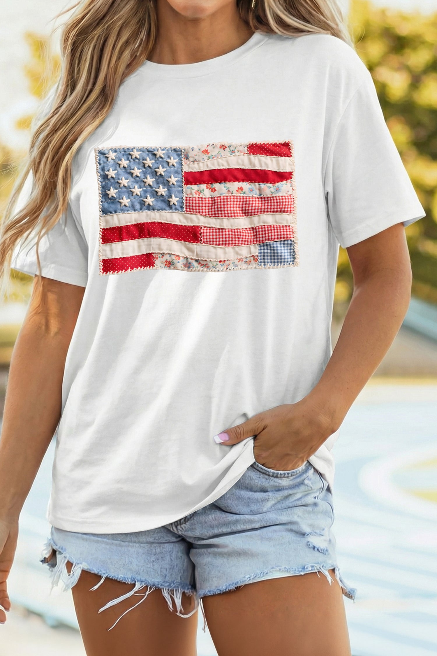Faux Patchwork US Flag Casual Tee