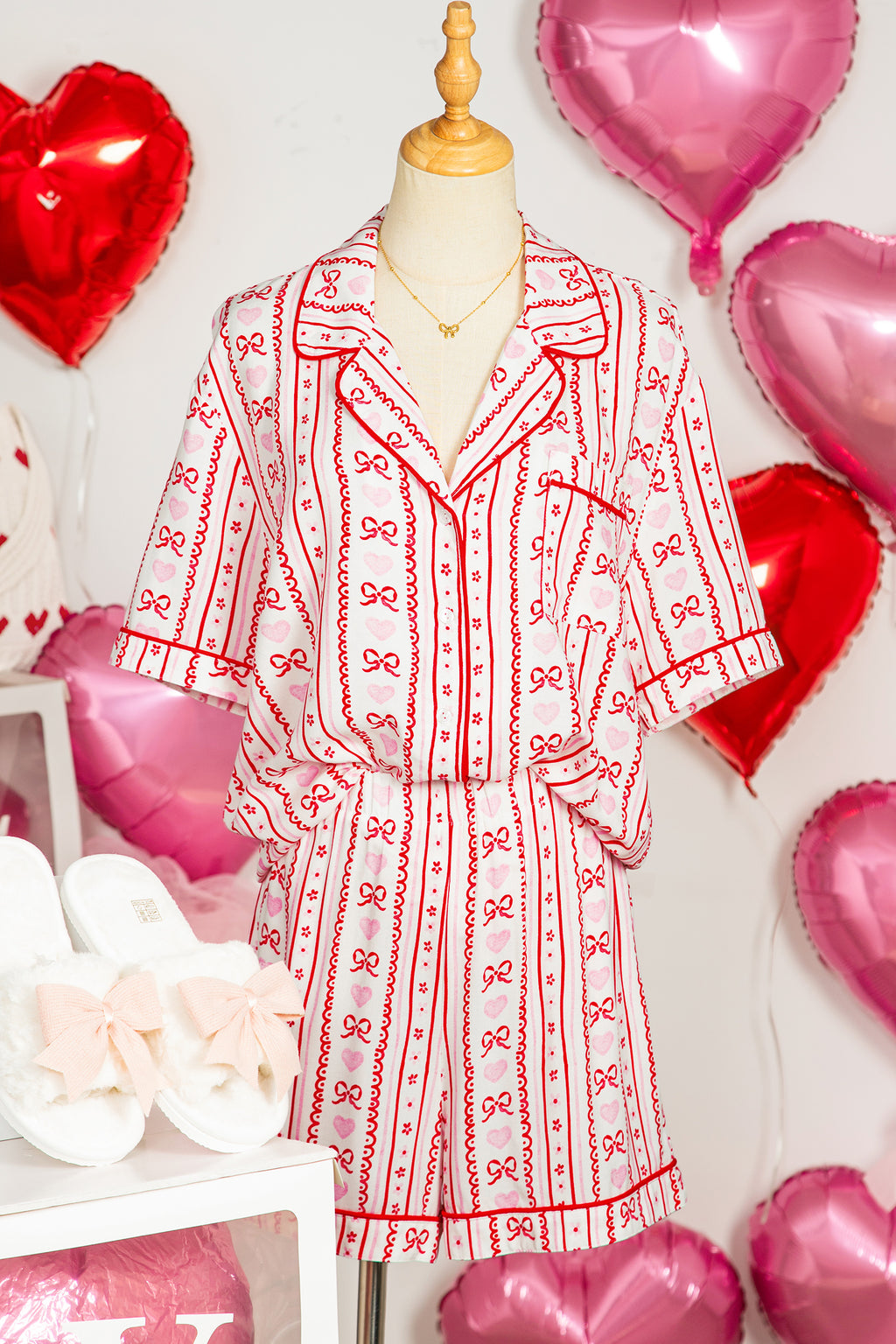 Red Bow Heart Print Ribbon Decor Short 2pcs Pajama Set