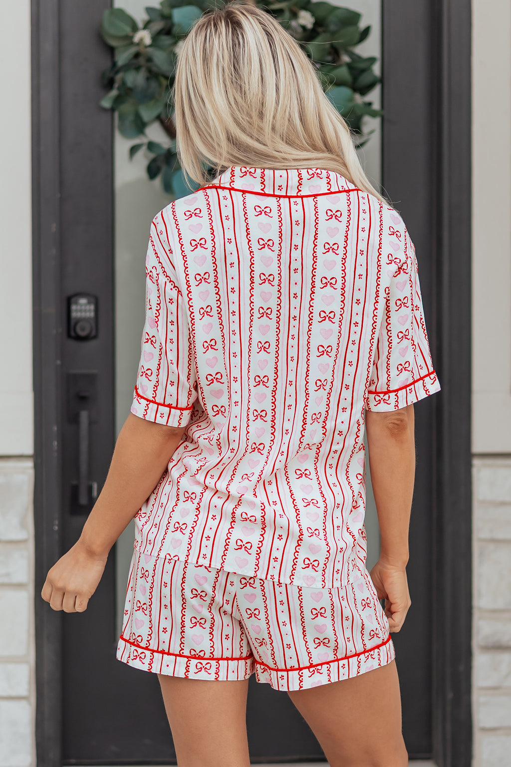 Red Bow Heart Print Ribbon Decor Short 2pcs Pajama Set