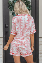 Red Bow Heart Print Ribbon Decor Short 2pcs Pajama Set