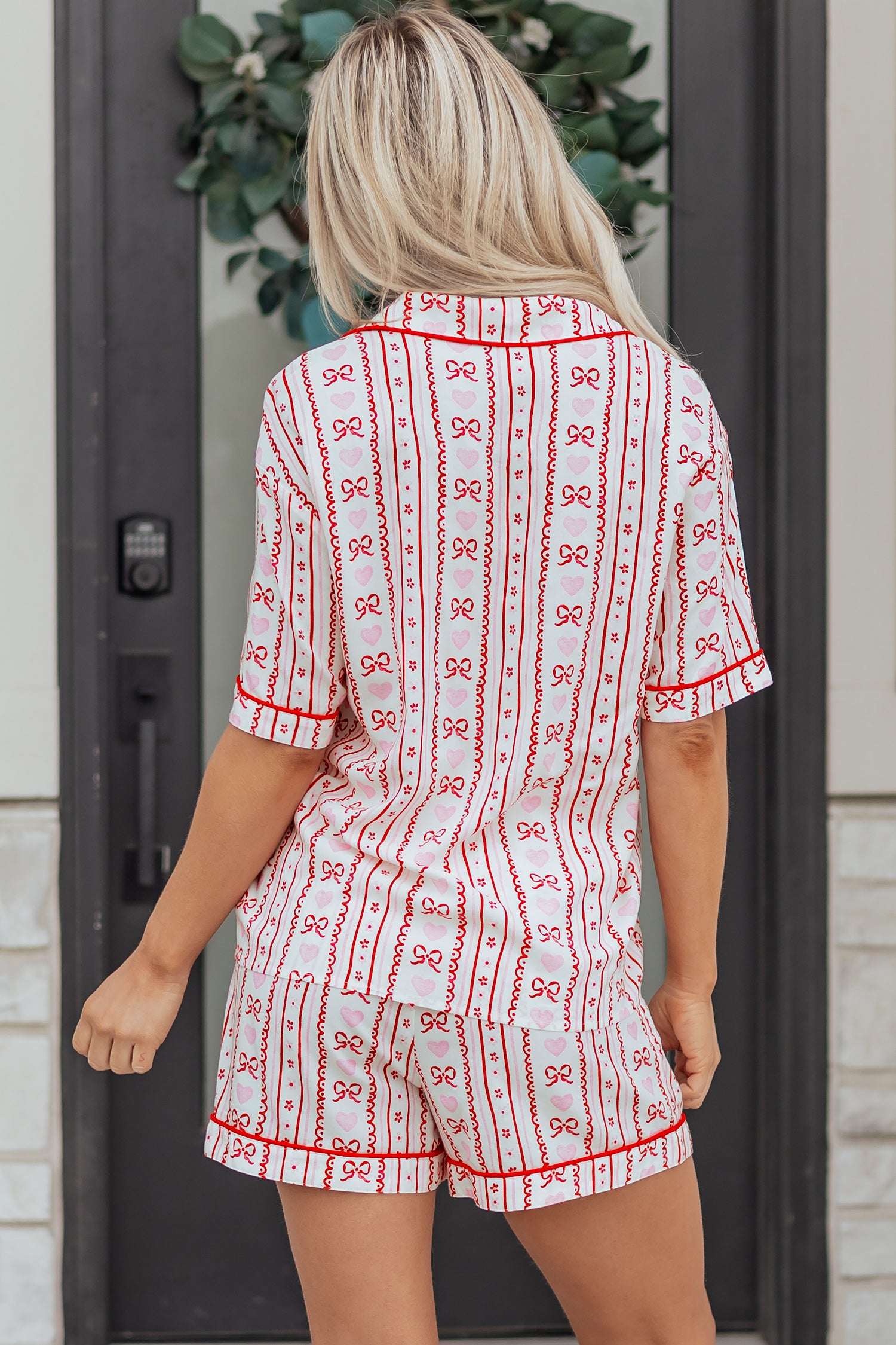 Red Bow Heart Print Ribbon Decor Short 2pcs Pajama Set