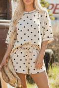 Polka Dot Short Sleeve Loose Top Drawstring Shorts Set