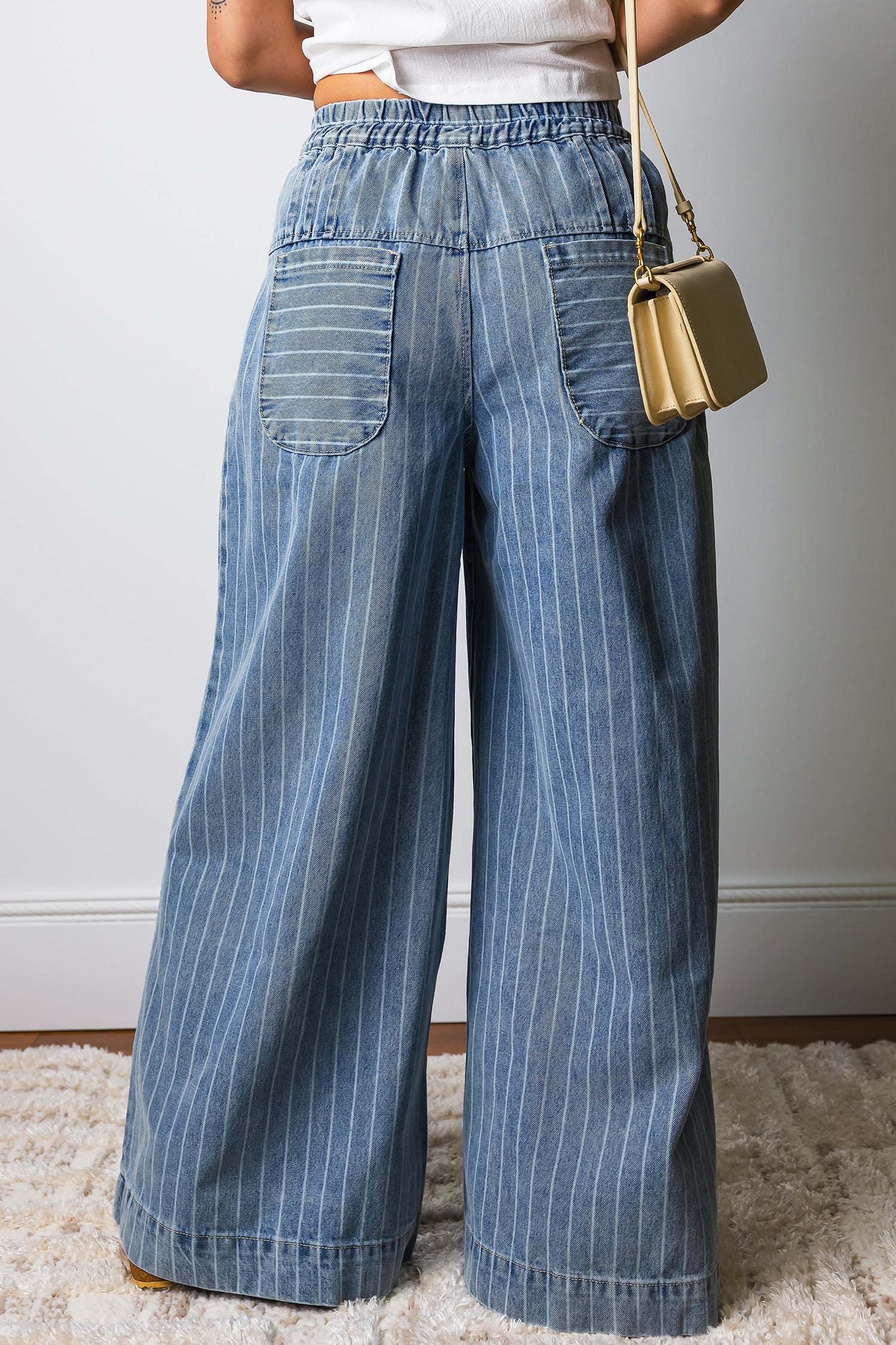 Sky Blue Stripe Button Pleated Drawstring Waist Wide Leg Jeans