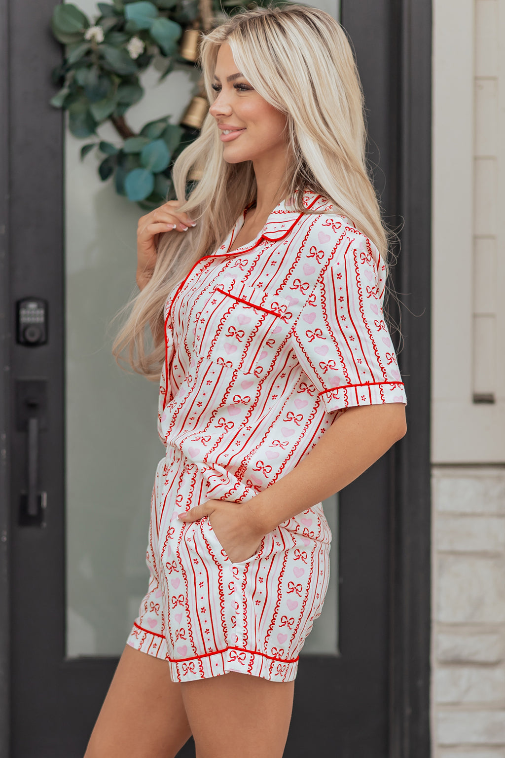 Red Bow Heart Print Ribbon Decor Short 2pcs Pajama Set