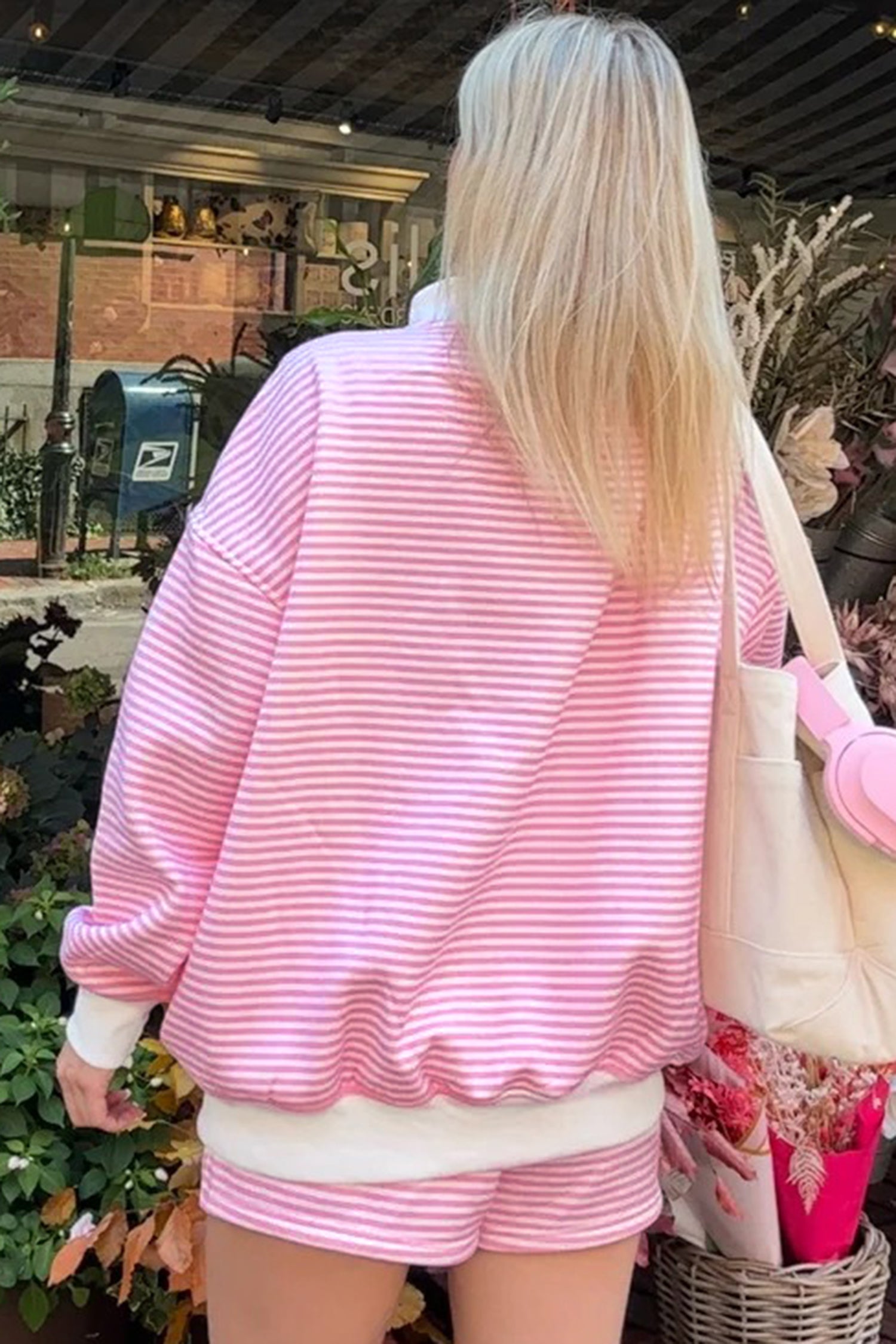Red Stripe Oversize Mock Neck Sweatshirt and Shorts Set